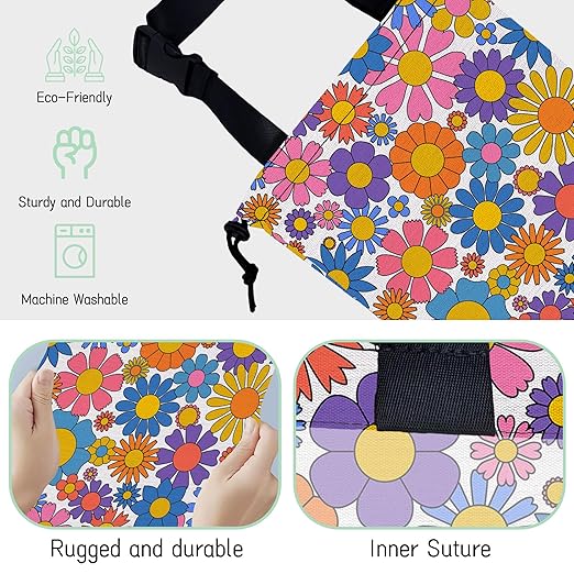 Groovy Flower Car Trash Bag,Retro Daisy Hanging Drawstring Car Garbage Bag,Waterproof Canvas Car Back Seat Organizer with Adjustable Buckle,for Vehicles,SUVs,Camping,Road Trips