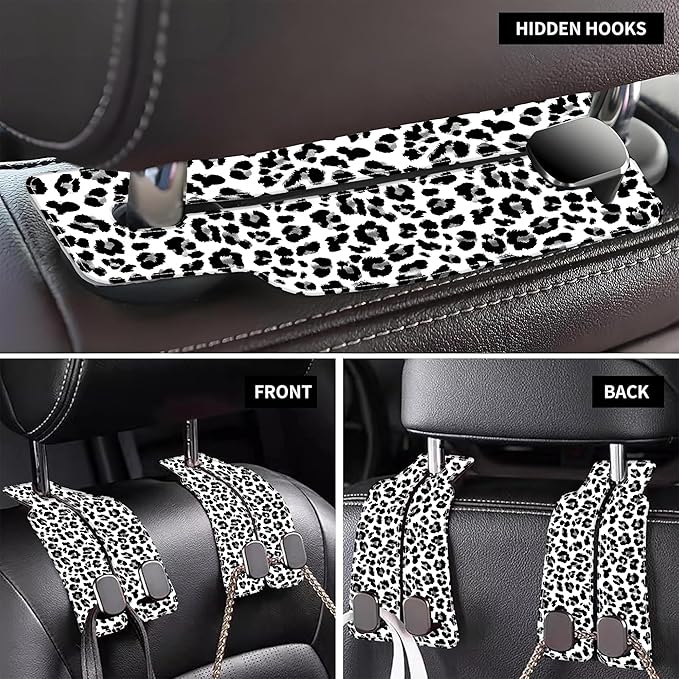 1 Pack Car Seat Headrest Hooks for Purses Abstract Black and Grey Leopard Bag Purse Holder for Car with Double Metal Hooks Car Purse Hanger Hanging Accessories