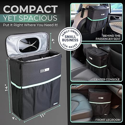 RoadBin™ Slim Leak & Odor Proof Car Trash Can. Fits & Stays Upright. Large-Capacity 2.5 Gallon Bin, 4" Design – Portable, Foldable Garbage Can for Car, Truck, SUV, Van & Outdoors