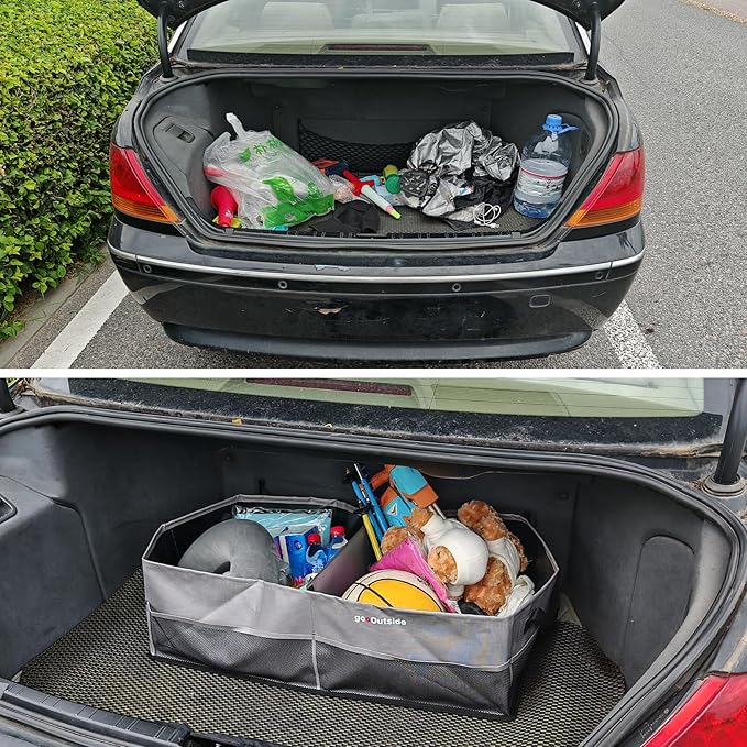Collapsible Waterproof Car Trunk Organizer, Soft PVC Storage Bin with Rugged PVC-Coated Fabric for SUV & Truck (Stone Gray REG)