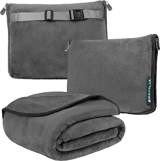 PAVILIA Travel Blanket Pillow, Soft Airplane Blanket 2-in-1 Combo Set, Plane Blanket Compact Packable, Flight Essentials Car Pillow, Travelers Gifts Accessories, Luggage Backpack Strap, 60x43 Gray