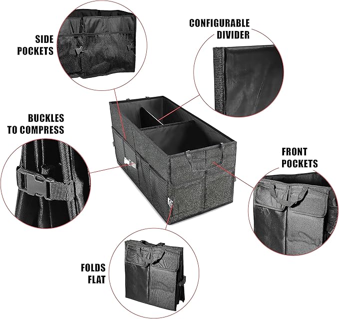 VViViD Heavy-Duty Multi-Compartment Collapsible Nylon Car Trunk Storage Organizer Bin