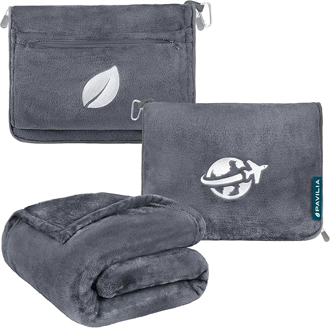 PAVILIA Travel Blanket and Pillow, Arms Opening Airplane Blankets for Adults, Compact Plane Blanket with Arm Hole 2-in-1 Bag for Flight Car Camping Fit in Luggage Backpack Traveler Gift, Dark Gray