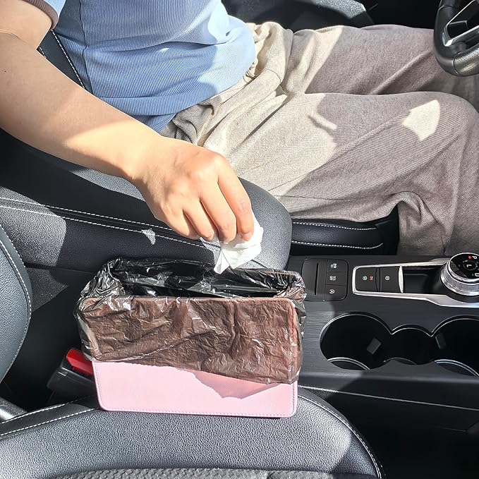 Accmor Car Trash Can, Foldable Leather Vehicle Garbage Organizer Bin with 30 Pcs Trash Bags, Mini Leak-Proof Auto Dustbin Storage Container Accessories for Cars Vans SUVs (Pink)