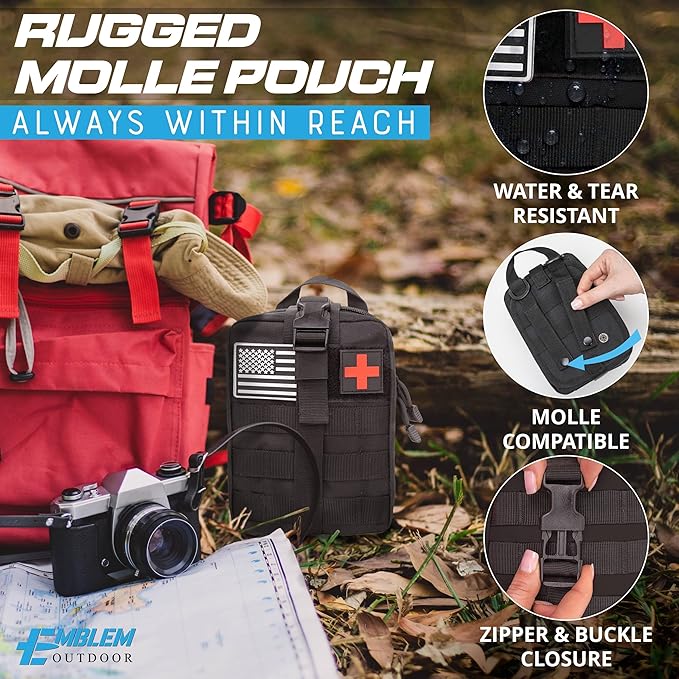 242 pc First Aid Survival Kit with SWAT-T Tourniquet Made in USA | IFAK Emergency Trauma Kit | Survival Gear | by Emblem Outdoor