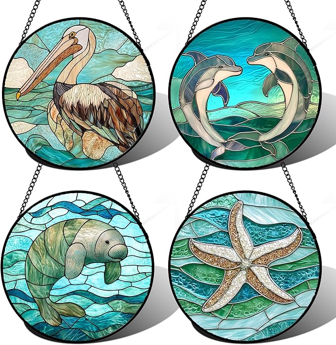 Stained Glass Window Hanging 4 Pcs Set Cyan Ocean Life Theme Large 15" - Sea Starfish Suncatcher Door Garden Sun Catcher Decor Birthday for Mom Woman Nana Men Friend