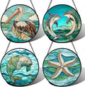 Stained Glass Window Hanging 4 Pcs Set Cyan Ocean Life Theme 7.8" - Sea Starfish Suncatcher Door Garden Sun Catcher Decor Birthday for Mom Woman Nana Men Friend