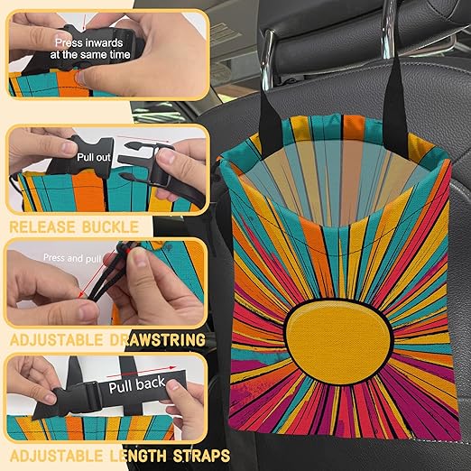 Retro Sunlight Stripes Car Trash Bag, Hanging Drawstring Car Garbage Bag,Canvas Car Back Seat Organizer with Adjustable Buckle for Men and Women