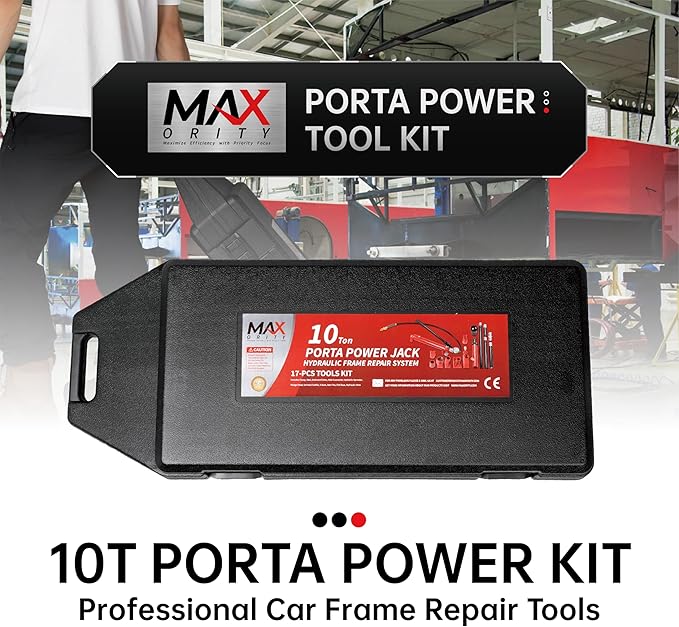 10 Ton (20,000 lbs Capacity) Porta Power Jack Hydraulic Ram Auto Body Frame Collision Repair Kit Set, 17-Pcs, with Blow Mold Carrying Case and Gauge