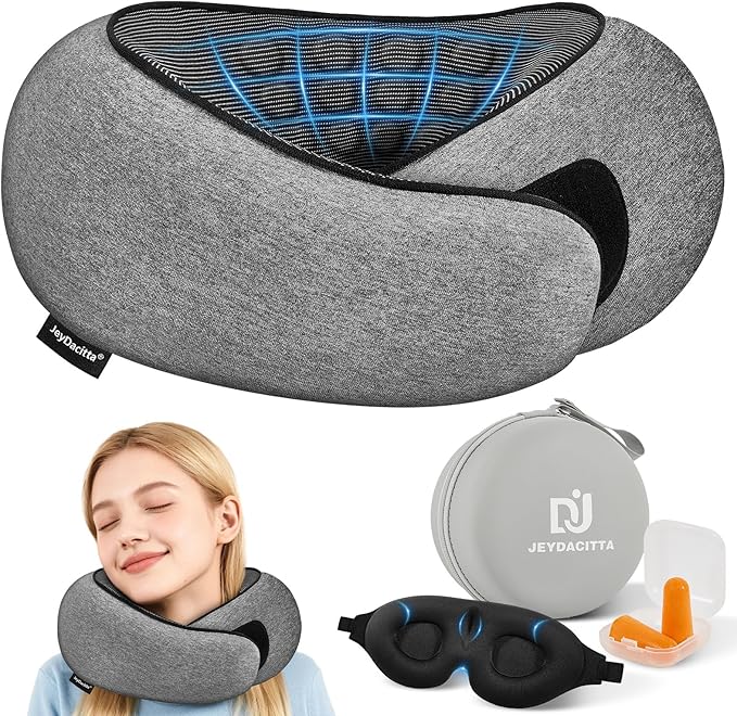 Premium Travel Pillow, Upgraded Memory Foam Neck Pillow, 360° Ergonomic Design Airplane Pillow Travel Pillows for Airplanes, Cars, Offices, Home Use, Ideal for Adults and Kids (Dark Gray)