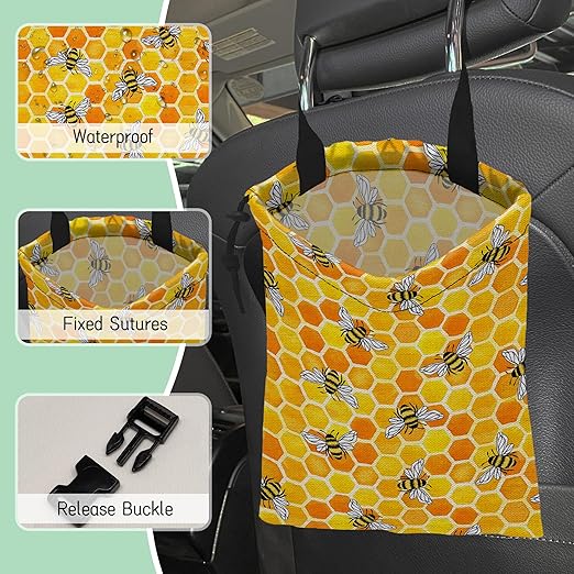 Watercolor Bees Car Trash Bag,Honeycombs Hanging Drawstring Car Garbage Bag,Waterproof Canvas Car Back Seat Organizer with Adjustable Buckle,for Vehicles,SUVs,Camping,Road Trips