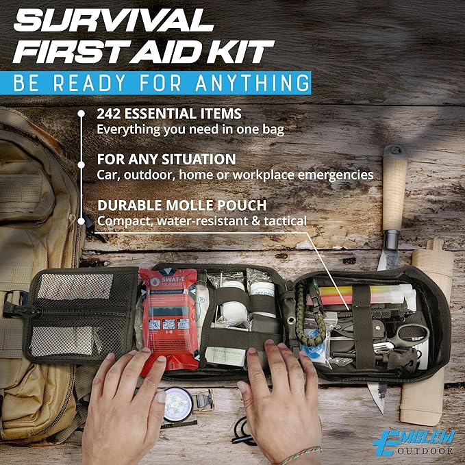242 pc First Aid Survival Kit with SWAT-T Tourniquet Made in USA | IFAK Emergency Trauma Kit | Survival Gear | by Emblem Outdoor