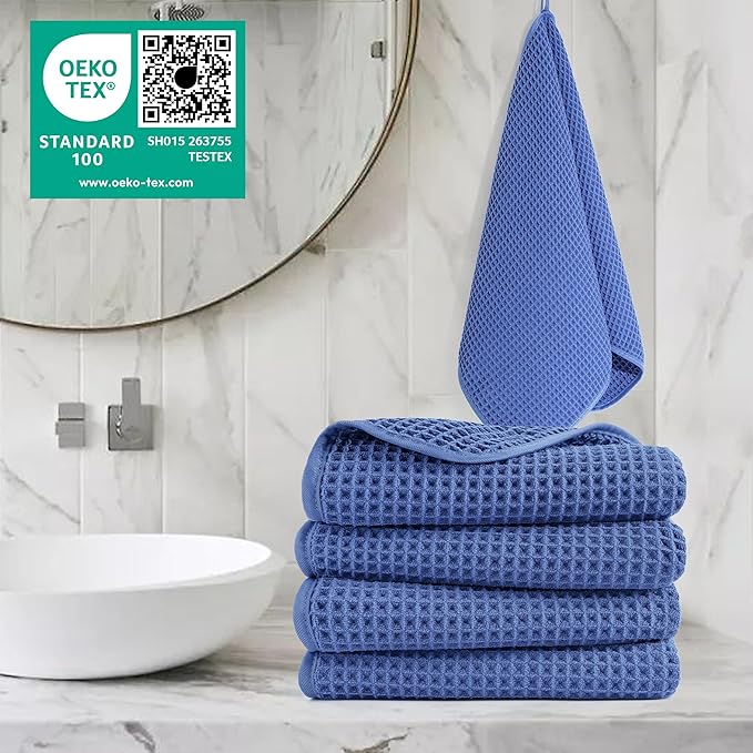 POLYTE 430 GSM Microfiber Lint Free Hand Towel, 16 x 30 in, 4 Pack (Waffle Weave)
