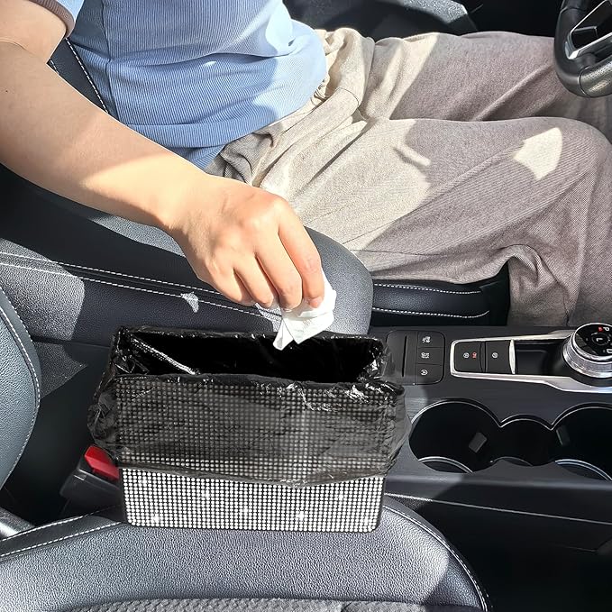 Accmor Bling Car Trash Can, Foldable Vehicle Trash Bin Dustbin Garbage Organizer Storage, Sparkling Crystal Rhinestone Trash Bags Holder Container with 30pcs Garbage Bag Car Accessories for Auto, SUV
