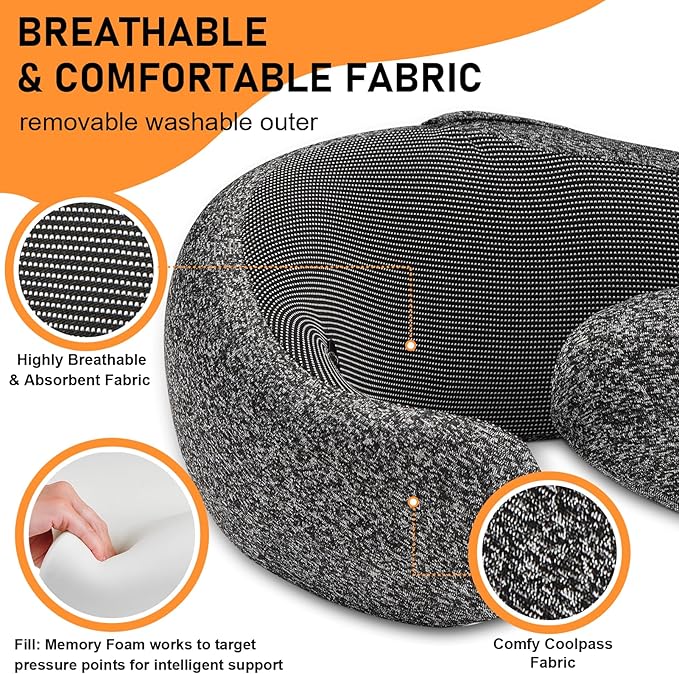 Travel Pillow - Hooded Neck Pillow Airplane Memory Foam Filling for Plane, Office, Cars Sleeping, Road Trip, Long Flights, Portable Plane Accessories, Includes Eye Mask & Earplugs (Pink)