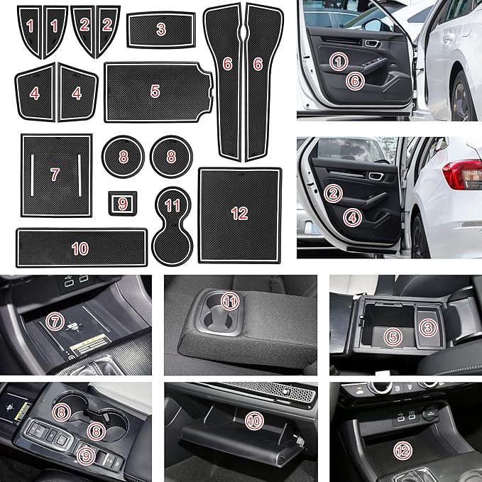 SENSHINE for Honda Civic Accessories 2022 2023 2024 2025 2026 11th Gen Sedan Cup Holder Insert Center Console Liner Door Slot Mats Pad Coaster Rubber Custom Interior 17PC (White Trim, Glow in Dark)