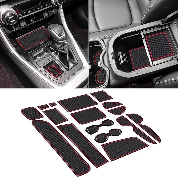 SENSHINE 3D Cup Holder Insert for Toyota Rav4 Accessories 2019-2023 2024 2025 Center Console Liner Door Pocket Mats Non-Slip Anti Dust Pad Premium Interior 16 Pcs (Red Trim)