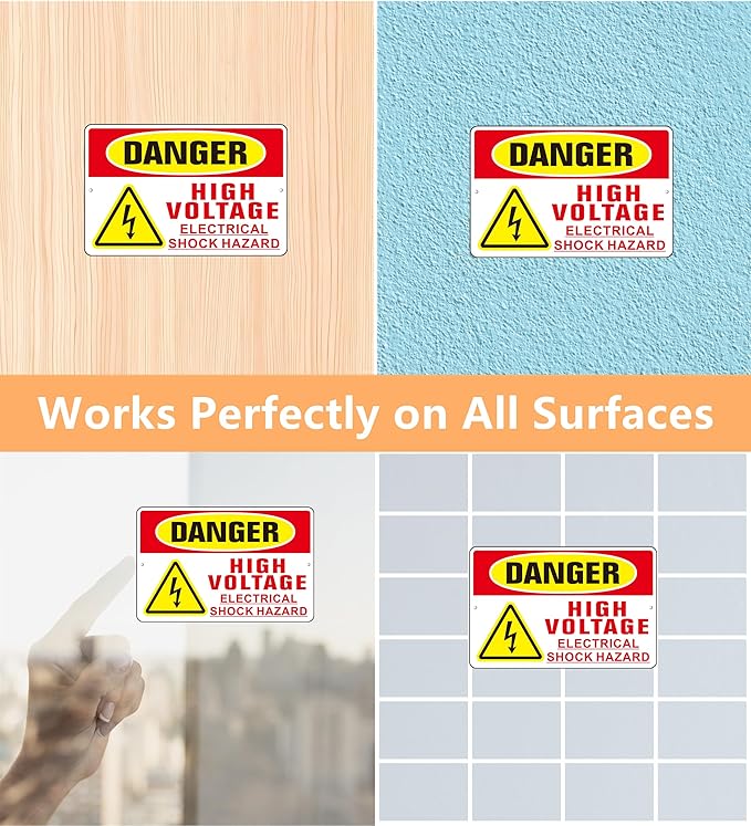 Danger High Voltage Sign, (2 Pack) Self Adhesive Aluminum Metal Electrial Shock Hazard Signs for Indoor Outdoor Use, Rust Free and Reflective Sticker (9 x 6 inches, Red/Yellow)