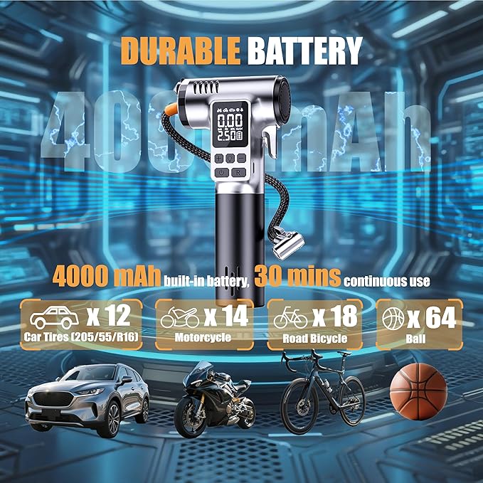 Tire Inflator Portable Air Compressor, Digital Pressure Gauge & Auto Shut-Off, Portable emergency tool as LED light, safety hammer & seatbelt cutter, for Car, Bike, Ball, Motor