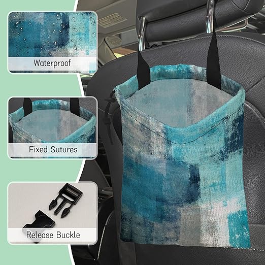 Abstract Art Car Trash Bag,Turquoise and Grey Hanging Drawstring Car Garbage Bag,Waterproof Canvas Car Back Seat Organizer with Adjustable Buckle,for Vehicles,SUVs,Camping,Road Trips