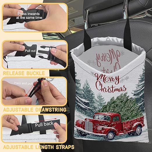Vintage Red Truck Car Trash Bag,Green Fir Tree Hanging Drawstring Car Garbage Bag,Canvas Car Back Seat Organizer with Adjustable Buckle for Men and Women