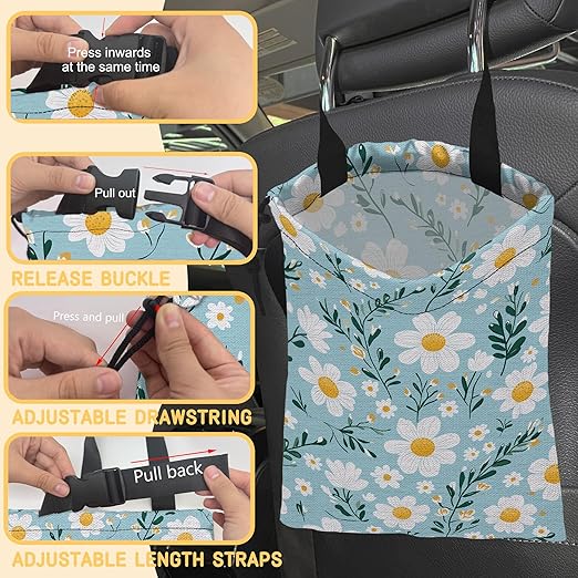 Blooming Flowers Car Trash Bag, Hanging Drawstring Car Garbage Bag,Canvas Car Back Seat Organizer with Adjustable Buckle for Men and Women