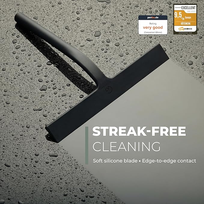 GÜTEWERK Shower Squeegee for Glass Doors, Silicone Window Squeegee, Bathroom and Glass Cleaning - Black - 9 Inch