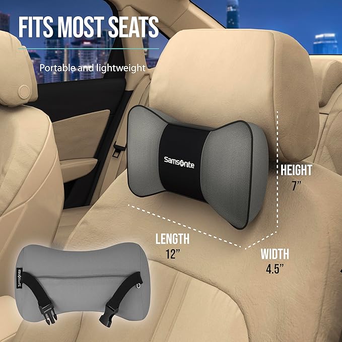 Samsonite Neck Pillow for Car – Ergonomic Memory Foam Headrest Cushion – Car Seat Support for Driving Comfort – Compact Neck Rest – Travel Pillow for Long Road Trip, Grey