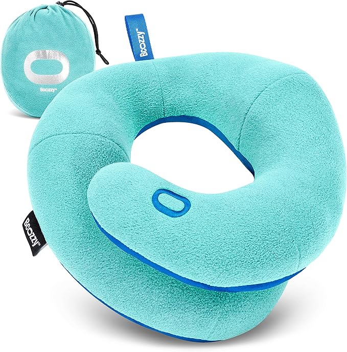 BCOZZY Kids Chin Supporting Travel Pillow for Ages 8–12- Patented Soft Neck Pillow for Head and Chin Support in Car Seat and Airplane. Comfortable Travel Essential. Small Size, Bag, Light Blue