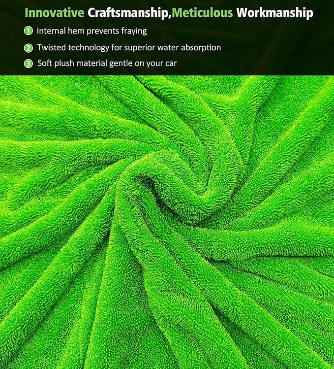 YeewayVeh 2-Pack 16"x16" Car Detailing Drying Towels, 1400 GSM Microfiber Drying Towels, for Final Water Chasing, Safe Drying of Gaps, Mirrors & Vehicle Interiors, Green