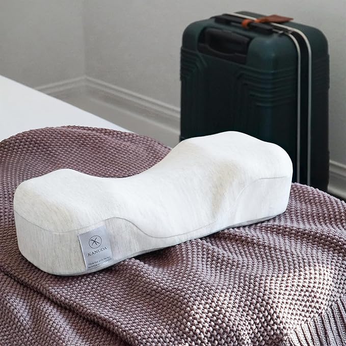 Kanuda Mini Portable Pillow (Oatmeal) – Compact Orthopedic Cervical Neck Pillow for Travel, Firm Memory Foam Support with CV4 & OCBR Therapy, Washable Cover & Storage Bag