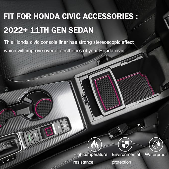 SENSHINE for Honda Civic Accessories 2022 2023 2024 2025 2026 11th Gen Sedan Cup Holder Insert Center Console Liner Door Slot Mats Pad Coaster Trim Premium Rubber Custom Interior 17PC Set (Pink Trim)