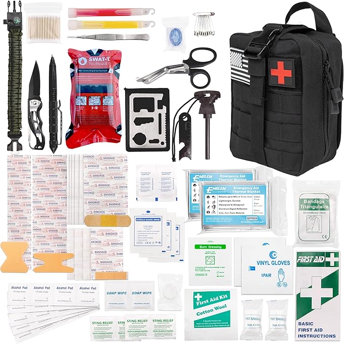242 pc First Aid Survival Kit with SWAT-T Tourniquet Made in USA | IFAK Emergency Trauma Kit | Survival Gear | by Emblem Outdoor