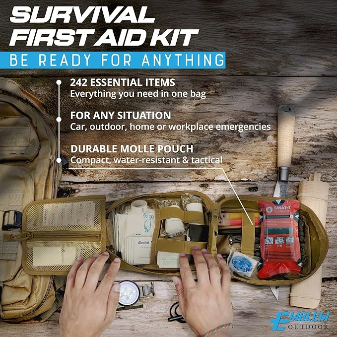 242 pc First Aid Survival Kit with SWAT-T Tourniquet Made in USA | IFAK Emergency Trauma Kit | Survival Gear | by Emblem Outdoor