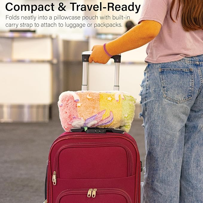 NAPRO Kids 3-in-1 Travel Blanket and Pillow Combo, Convertible Infinity Scarf, Lightweight Neck Support for Airplane, Car & Camping, Glow-in-The-Dark - Unicorn