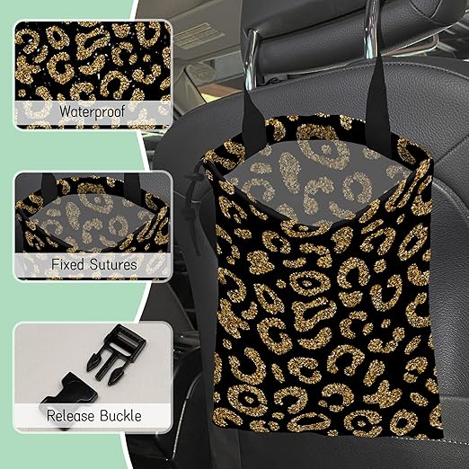 Glitter Leopard Car Trash Bag,Golden Lips Hanging Drawstring Car Garbage Bag,Waterproof Canvas Car Back Seat Organizer with Adjustable Buckle,for Vehicles,SUVs,Camping,Road Trips