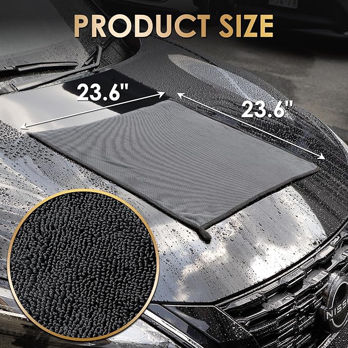 Car Drying Towel, Double-Sided Microfiber Towels for Cars, Ultra Absorbent Washing Cloth, Lint Free, Streak-Free, Reusable | 23.6x23.6 | Car Cleaning Supplies | Car Accessories | Black - Japan Import