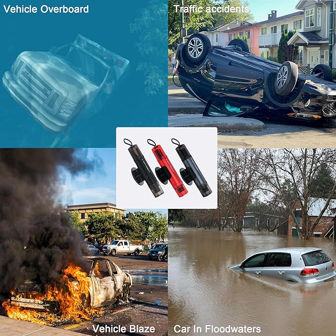 Safe Hammer Car Window Breaker Seatbelt Cutter Under Water or Fire,2 IN1 Window Breaker Tool Auto Glass Breaker Emergency Escape Tool Kit,Car Accessories All Vehicle(3 PCS Black & Red & Silver)