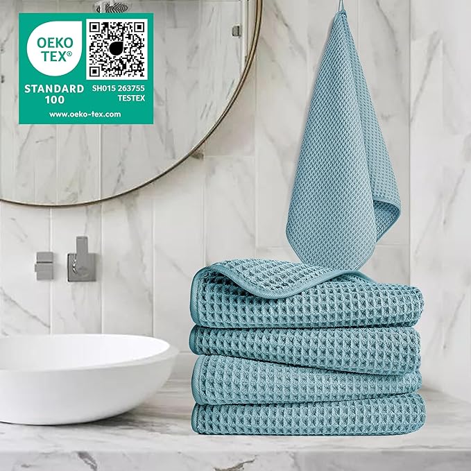 POLYTE 430 GSM Microfiber Lint Free Hand Towel, 16 x 30 in, 4 Pack (Waffle Weave)