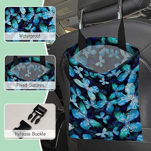 Blue Butterfly Car Trash Bag,Hanging Drawstring Car Garbage Bag,Waterproof Canvas Car Back Seat Organizer with Adjustable Buckle,for Vehicles,SUVs,Camping,Road Trips