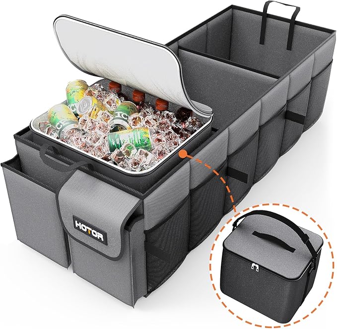 HOTOR Trunk Organizer, Sturdy Foldable with Cooler for Car & SUV, 3 Compartments, Grey, 30.90”×12.60”×10.63”