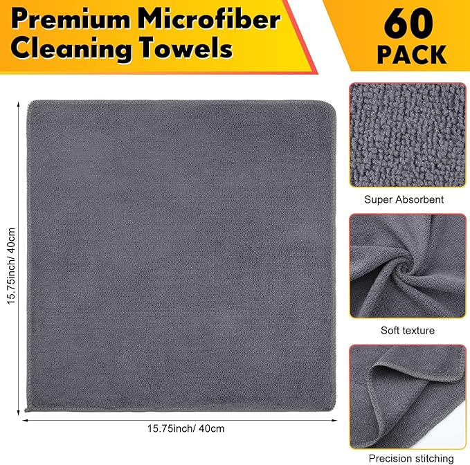 Nuenen Microfiber Cleaning Cloths for Cars 16 x 16 Inch Ultra Absorbent Car Towels Drying Reusable Cleaning Supplies House Kitchen Window Microfiber Towel (Gray,60 Pcs)
