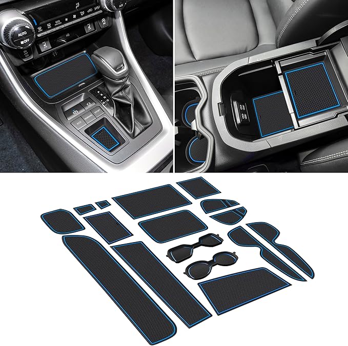 SENSHINE 3D Cup Holder Insert for Toyota Rav4 Accessories 2019-2023 2024 2025 Center Console Liner Door Pocket Mats Non-Slip Anti Dust Pad Premium Interior 16 Pcs (Blue Trim)