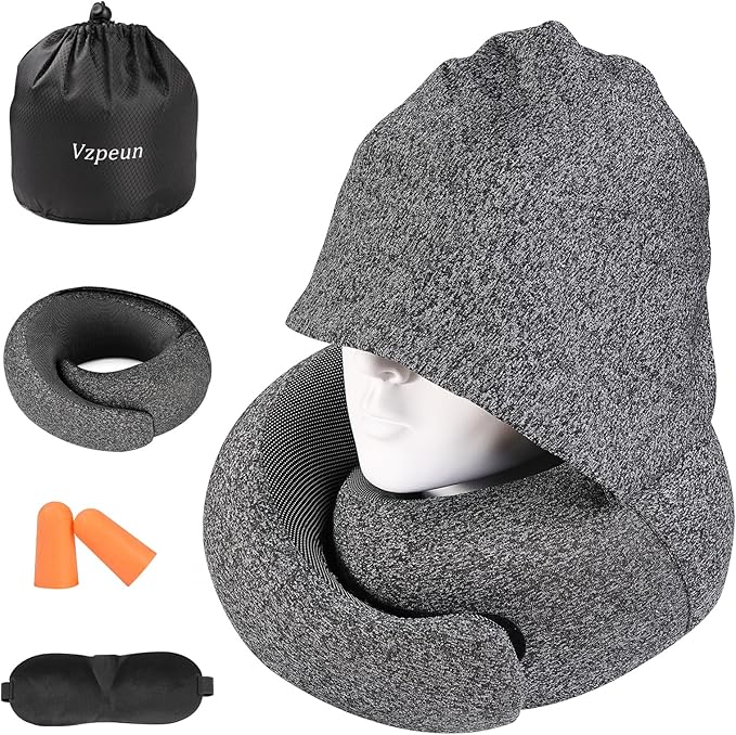 Travel Pillow - Hooded Neck Pillow Airplane Memory Foam Filling for Plane, Office, Cars Sleeping, Road Trip, Long Flights, Portable Plane Accessories, Includes Eye Mask & Earplugs (Dark Gray)