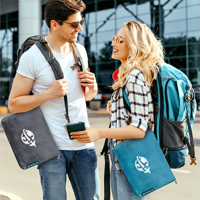 PAVILIA Travel Blanket and Pillow, Arms Opening Airplane Blankets for Adults, Compact Plane Blanket with Arm Hole 2-in-1 Bag for Flight Car Camping Fit in Luggage Backpack Traveler Gift, Dark Gray