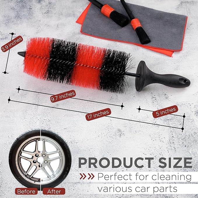 (Upgraded) TAKAVU Premium Wheel & Tire Brush, Long Bristle Detailing Brush for Effortless Rim & Tire Cleaning, Non-Slip Handle, Built-in Knuckle Guard, Deep Reach for Brake Dust & Dirt Removal (Red)