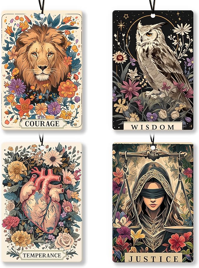 Boho Car Air Freshener 4Pcs, Stoicism Gifts Air Freshener for Car Interior Closet Drawer Books, Boho Stoicism Lion Owl Witchy Floral Tarot Card Car Mirror Decor Hanging