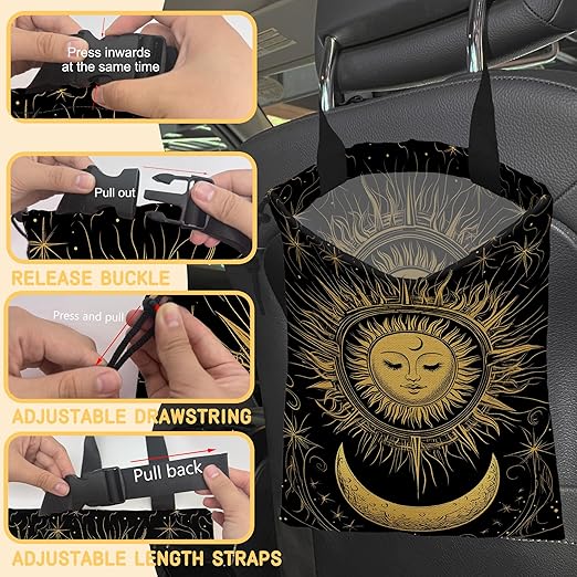 Vintage Sun and Moon Car Garbage Bag, Small Car Trash Bag Hanging,Drawstring Car Garbage Bag with Adjustable Buckle for Car Back Seat,SUVs,Camping,Road Trips