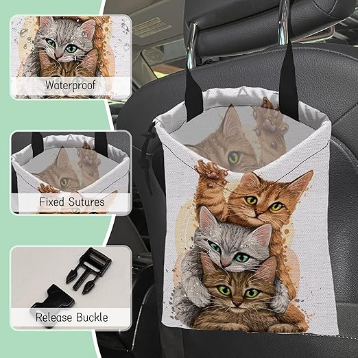 Cute Cats Car Trash Bag,Kittens Hanging Drawstring Car Garbage Bag,Waterproof Canvas Car Back Seat Organizer with Adjustable Buckle,for Vehicles,SUVs,Camping,Road Trips