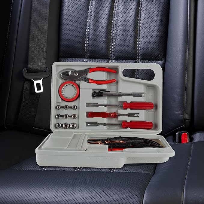 Roadside Emergency Car Kit - 30-Piece Road Trip Essentials Tool Set with Jumper Cables and Carrying Case for Car, Truck, or RV by Stalwart (Gray/Red)